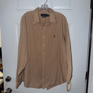 Ralph Lauren Mens XXL Classic Fit Striped Button Down Shirt Taupe Long Sleeve